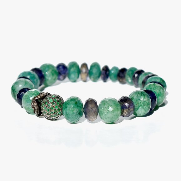 925 Sterling Silver Pave Emerald Diamond and Iolite Stretch Bracelet - Picture 2 of 4